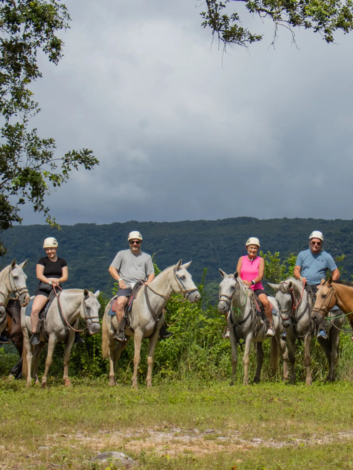 a group of people riding on the back of a horse
