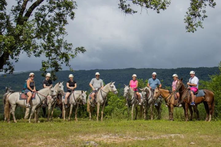 a group of people riding on the back of a horse