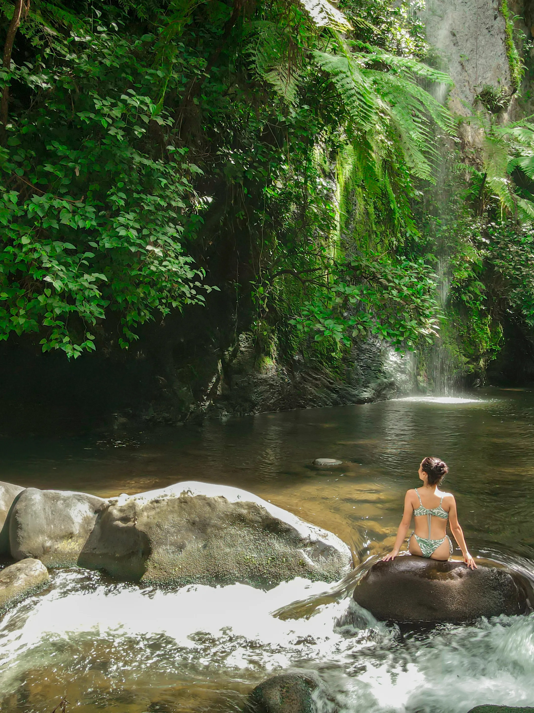 Person in swimwear sitting on a rock by a lush forest river with waterfall.