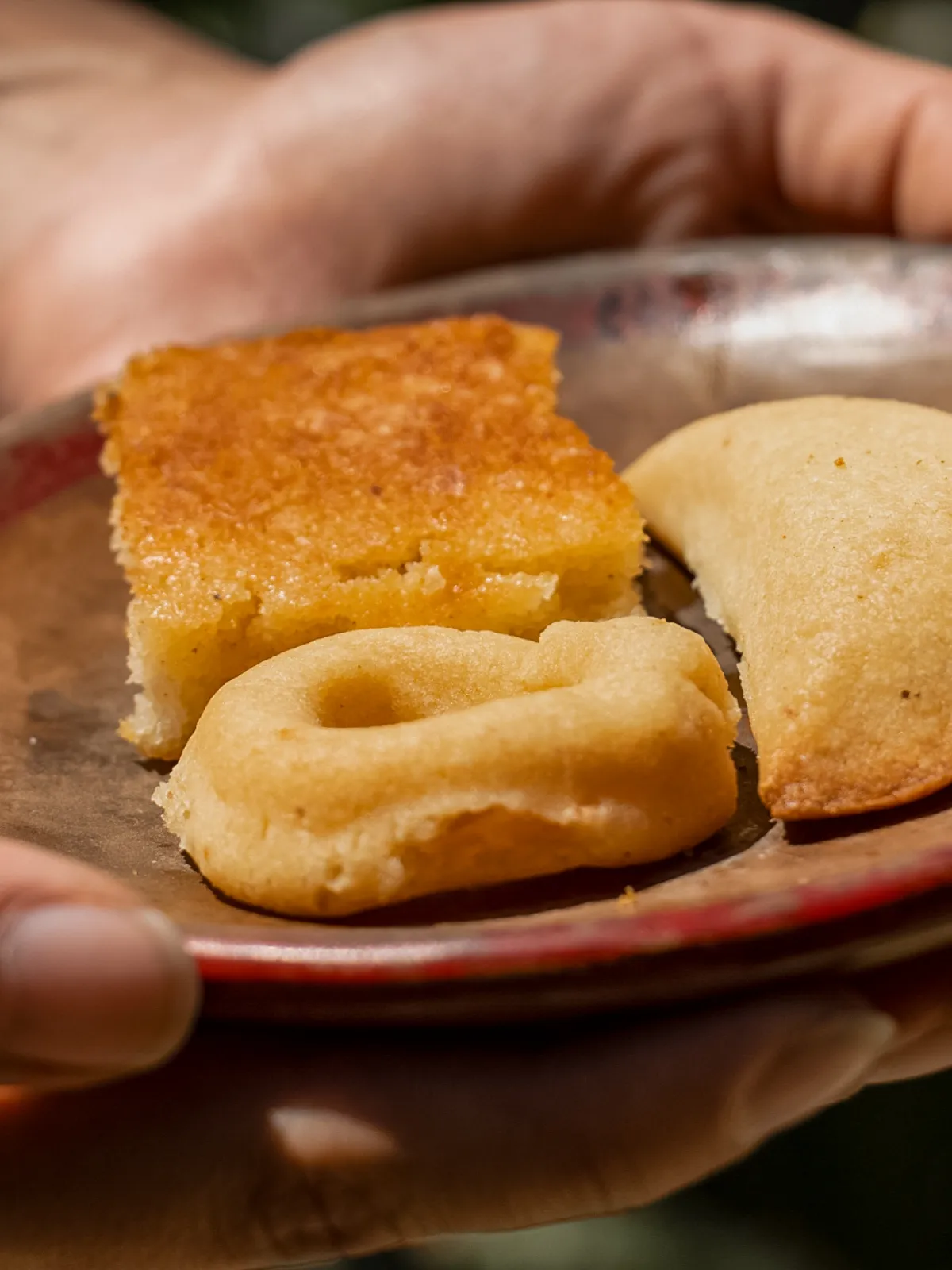 a hand holding a piece of bread on a plate