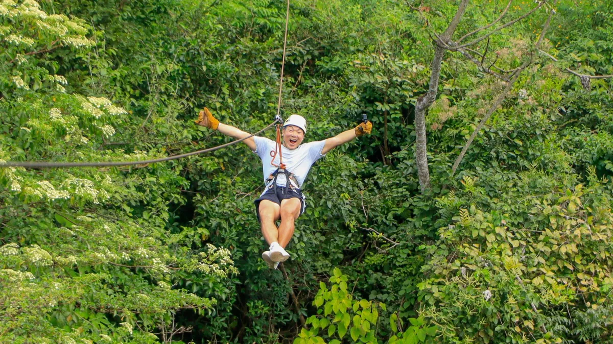 Person ziplining through a lush green forest, arms outstretched and smiling.