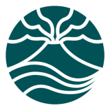 Circular icon with stylized tree and wave design.